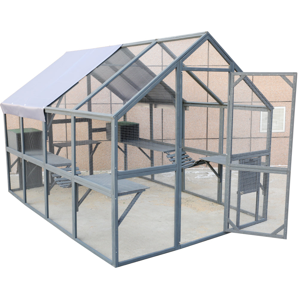 Cat Run Large Cat Enclosure Wooden Cat Catio Outdoor Kitty House with Bridges, Walks, Small Houses, Roof Cover 110 Inch