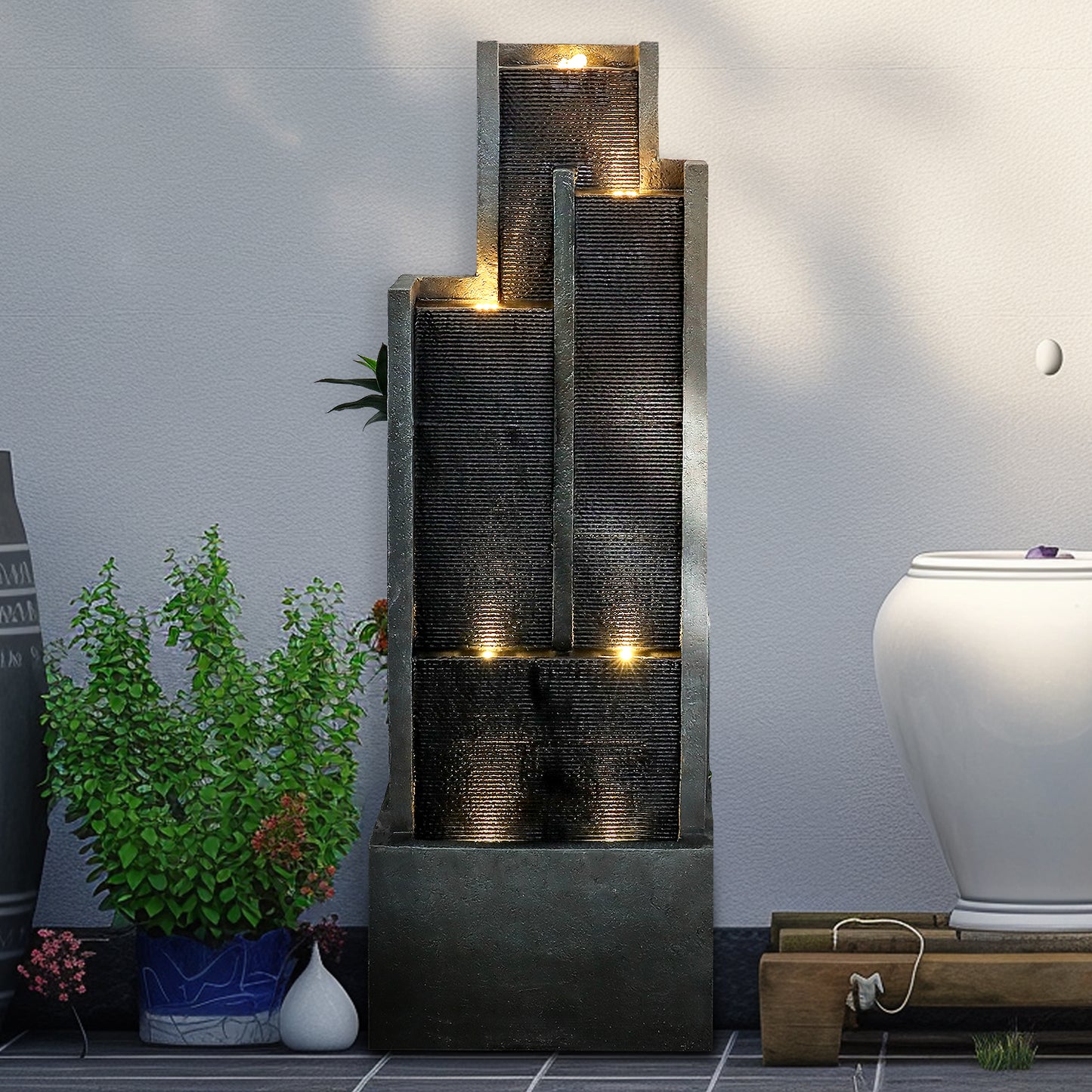 4-Tier Modern Cascading Indoor/Outdoor Fountains and Waterfalls with LED Lights - 50.7" High Larger Water Fountain for Garden, Patio, Yard, and Deck Decor - Relaxing Water Fountain Outdoor