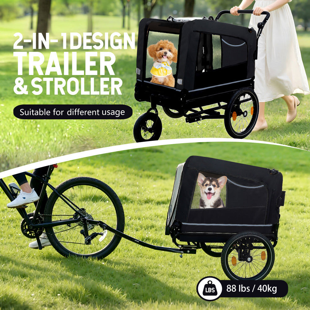 Extra Large 2-in-1 Bike Trailer & Push Cart for Pets - Detachable Bike Hitch & Push Handle Included - All-Terrain Wheels, Quick Release Wheel, Non-Slip Floor, Internal Leash, Holds Up to 88 lbs, Black