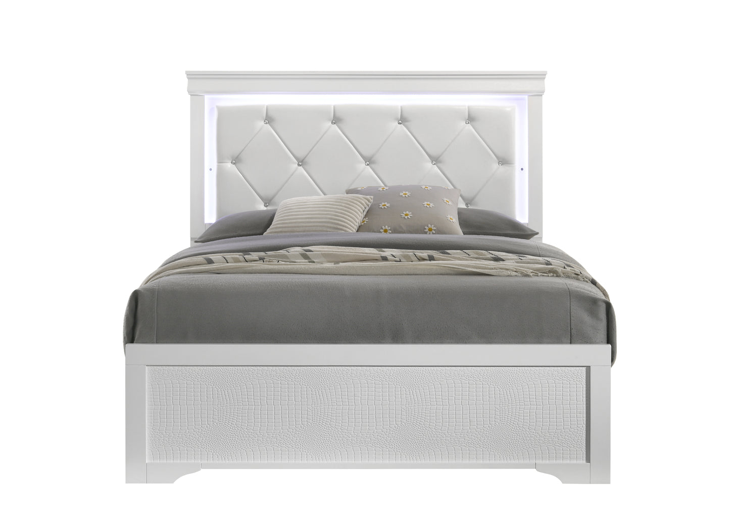 Blaze Upholstered Modern Style Queen Bed Made with LED Headboard & Wood in White