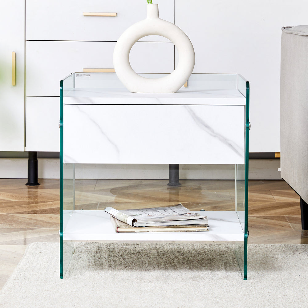 SunJet Bedside table with drawers. The board surface is MDF sticker, and both sides are transparent tempered glass. The design is simple and elegant, with excellent storage functions.