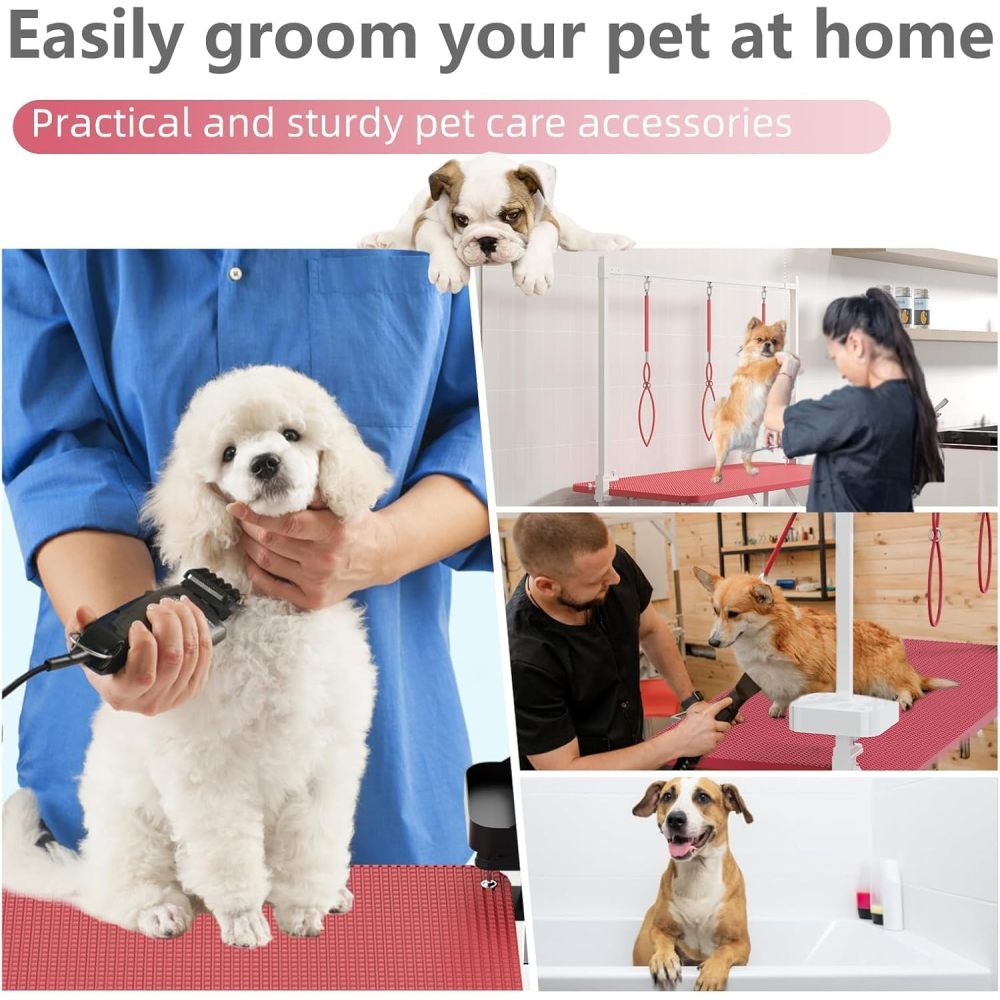47''Large Dog Grooming Table, Foldable Pet Station at Home, Dog Grooming Table,Adjustable Cat Drying Desktop with Arms, Nooses, Mesh Tray (47Inch Pet Grooming Table Pink)
