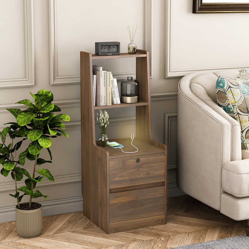 SunJet Nightstand with Charging Station, Smart Nightstand with Night Light, Modern Night Stand with Bookshelf, Bedside Tables with Storage Cabinet for Bedroom, Wood