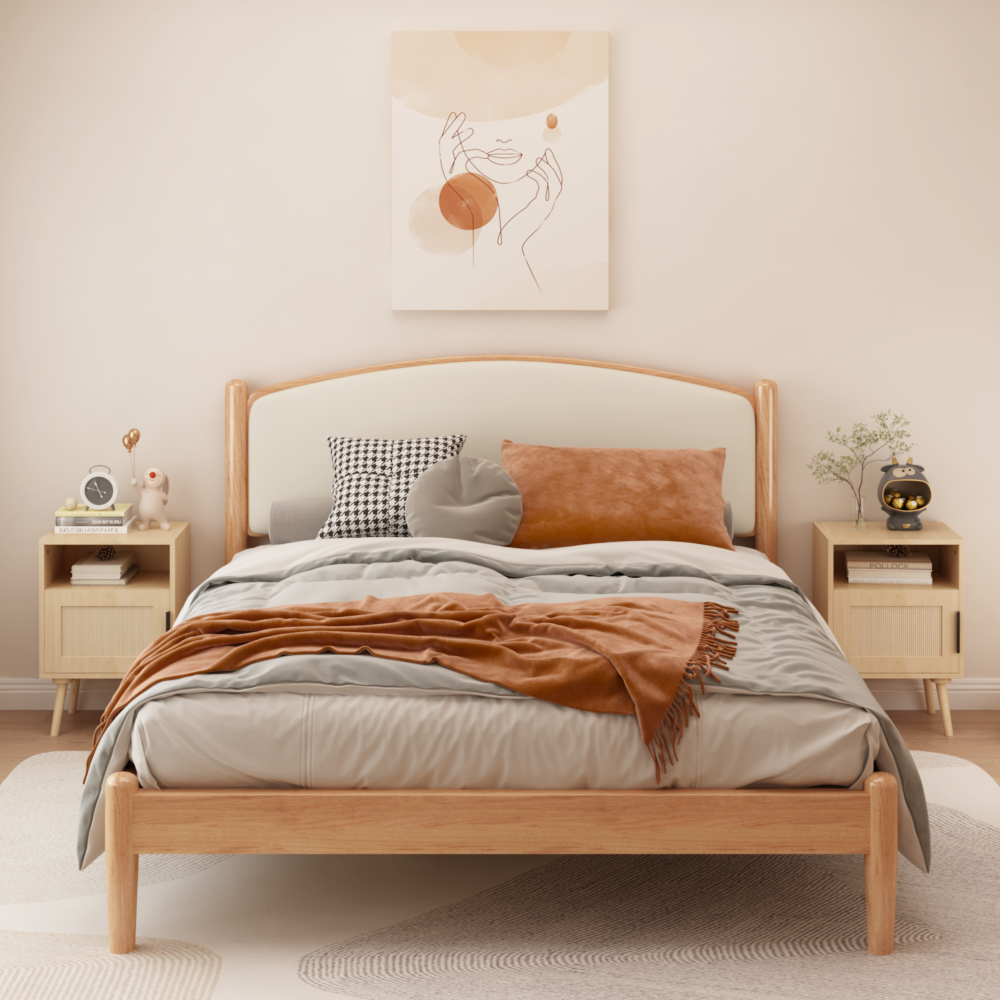 SunJet  22.83'' H Rattan Nightstand, Side Table with Door Open Shelf,  Accent Bedside End Table with Solid Wood Legs for Bedroom, Dorm and Small Spaces, Oak