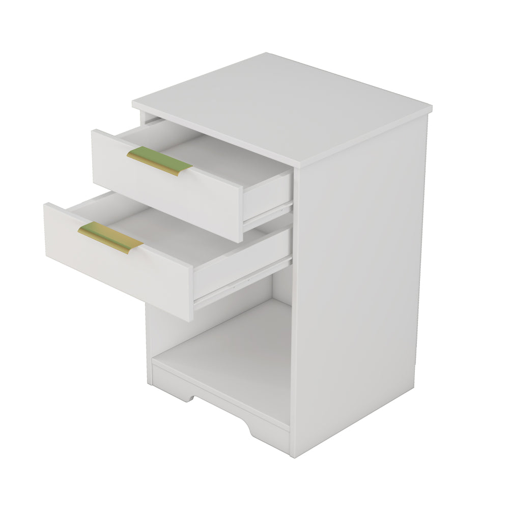 SunJet Nighstand With 2 Drawers,End Table,Nightstand with Open Space,Golden Handle,Morden Design,For Living Room,Bedroom,Easy Assemble,White
