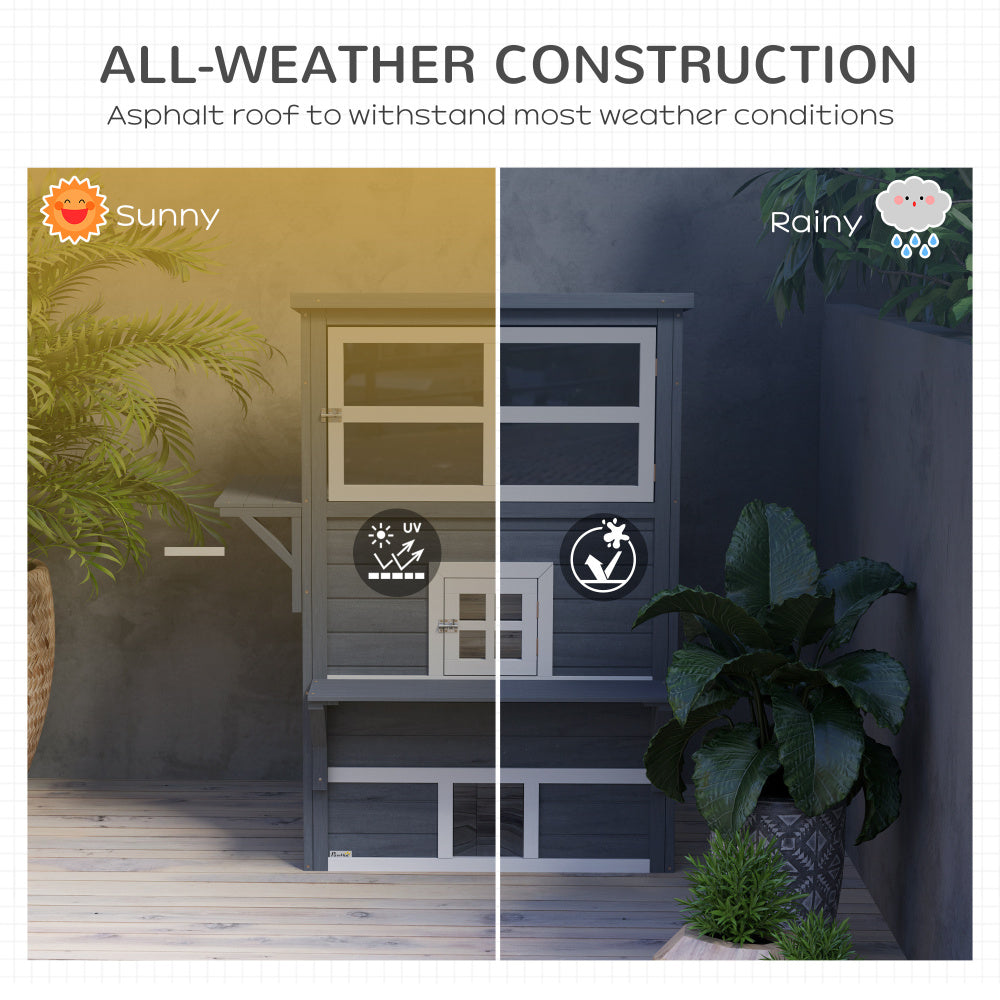 PawHut 3-Story Cat House Feral Cat Shelter, Outdoor Kitten Condo with Raised Floor, Asphalt Roof, Escape Doors, Jumping Platforms, Dark Gray