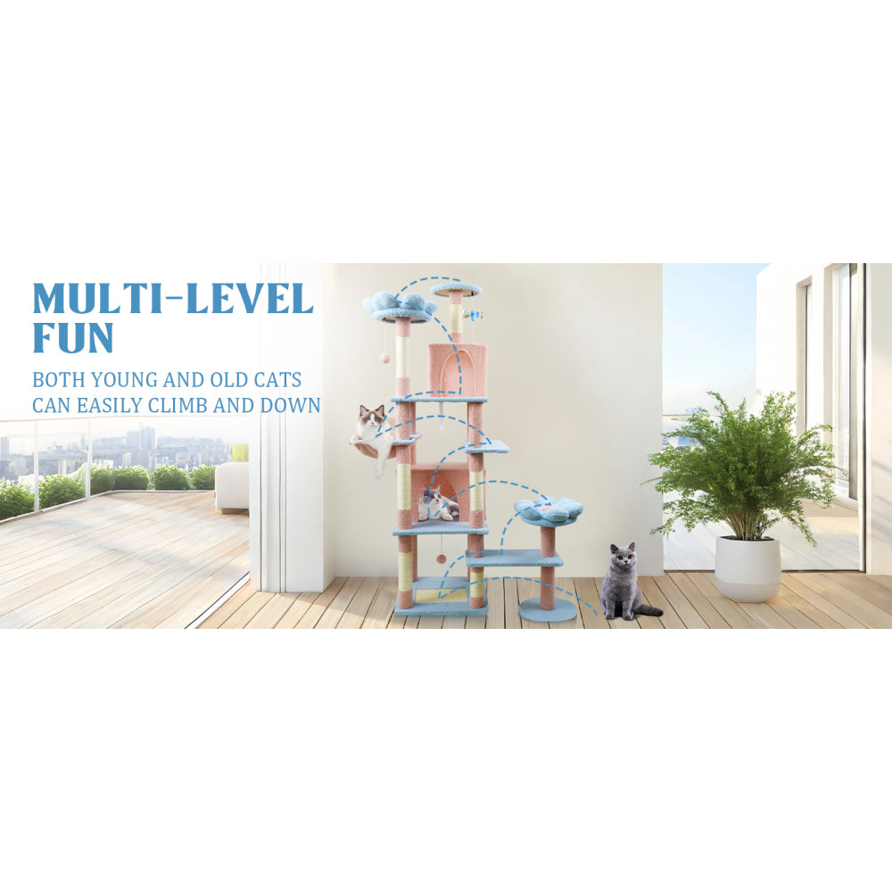 71 inch flower cat tree with large condo removable flower cushion and hammock blue