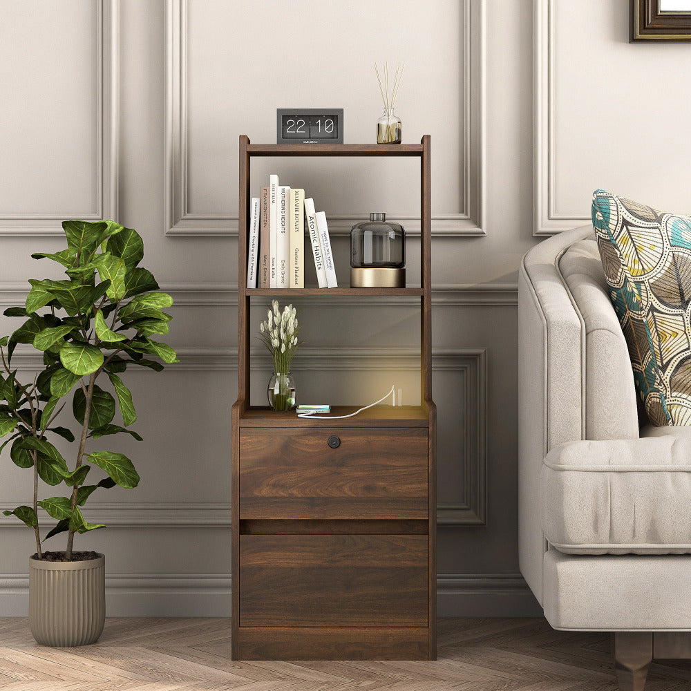 SunJet Nightstand with Charging Station, Smart Nightstand with Night Light, Modern Night Stand with Bookshelf, Bedside Tables with Storage Cabinet for Bedroom, Wood