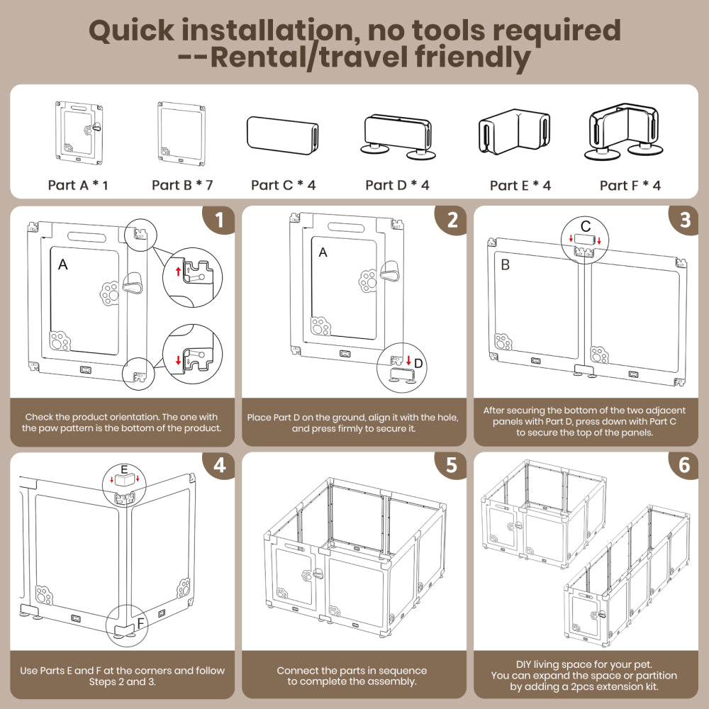 Expandable 8PCS Dog Playpen for Indoors, Modular Puppy Play Pen with Lockable Door, Chew-Proof Transparent Panels & Waterproof Base. Perfect for Small Animals, Puppy Training or Multi-Pet Homes