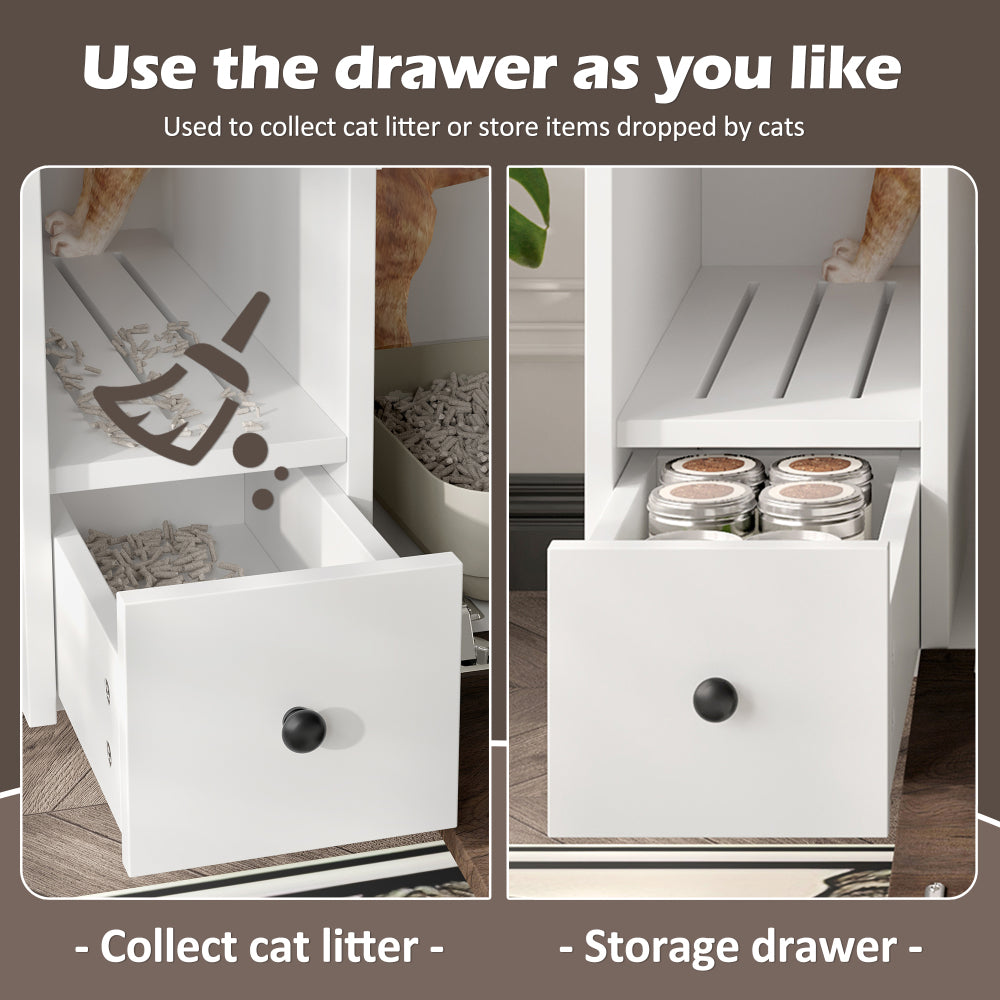 Cat Litter Box Enclosure, Indoor Hidden Cat Litter Box Furniture with 2 Drawers and Door, Cat House End Table for Living room, White and Brown