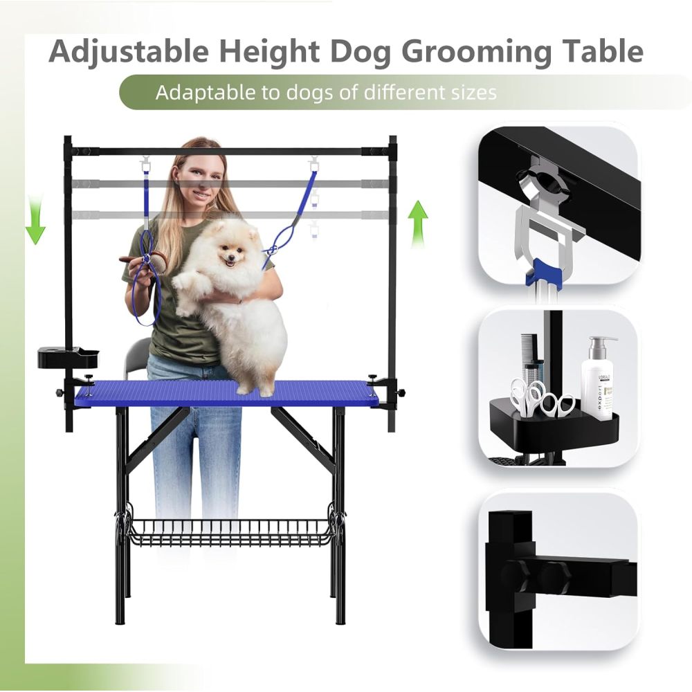 36''Large Dog Grooming Table, Foldable Pet Station at Home, Dog Grooming Table,Adjustable Cat Drying Desktop with Arms, Nooses, Mesh Tray (36Inch Pet Grooming Table Blue)