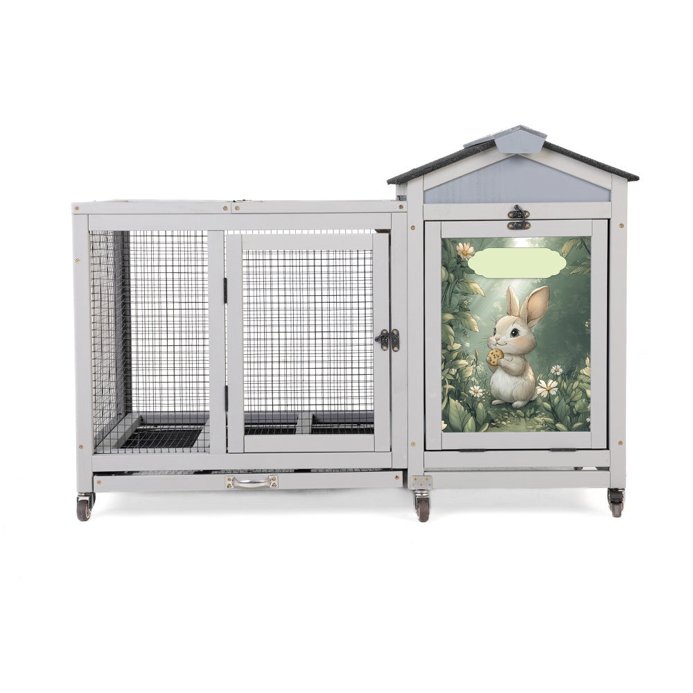 Wooden Rabbit Hutch, Indoor & Outdoor Small Animal House with Casters, Weatherproof Roof, Removable Tray, Bunny Cage Pet House for Rabbits, Ducks, Squirrels, and Guinea Pigs, Grey with Colorful Patter