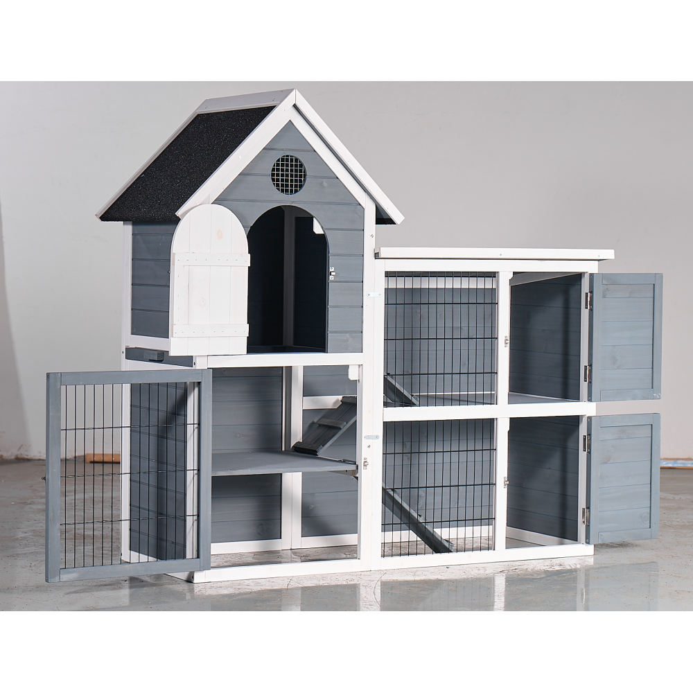 Large Outdoor Chicken Coop Cage, Weatherproof 2-Story Chicken Coop & Rabbit Hutch, Wooden Indoor/Outdoor Pet House with No-Leak Tray, Waterproof Roof & Pull-Out Tray (50.98" L × 48.23" H, Grey, Blue &