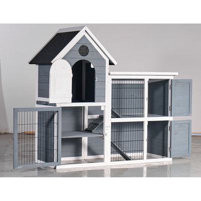 Large Outdoor Chicken Coop Cage, Weatherproof 2-Story Chicken Coop & Rabbit Hutch, Wooden Indoor/Outdoor Pet House with No-Leak Tray, Waterproof Roof & Pull-Out Tray (50.98" L × 48.23" H, Grey, Blue &