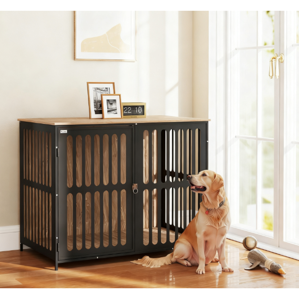 Indoor Pet Kennel Side Table with Rotatable Bowls, 2 Anti-Escape Doors,Walnut Brown