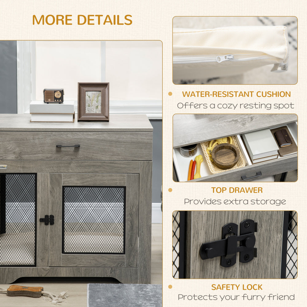 PawHut Dog Crate Furniture with Soft Water-Resistant Cushion, Dog Crate End Table with Drawer, Puppy Crate for Small Dogs Indoor with 2 Doors, Grey