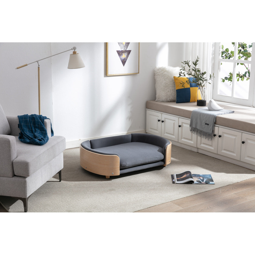 Scandinavian style Elevated Dog Bed Pet Sofa With Solid Wood legs and Bent Wood Back, Velvet Cushion,Large Size