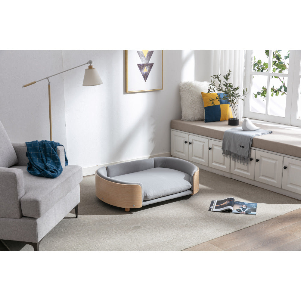 Scandinavian style Elevated Dog Bed Pet Sofa With Solid Wood legs and Walnut Bent Wood Back, Velvet Light Gray,Large Size