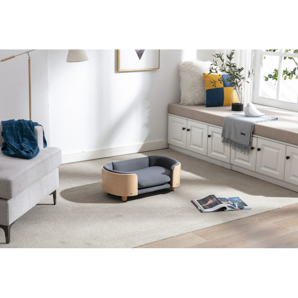 Scandinavian style Elevated Dog Bed Pet Sofa With Solid Wood legs and Bent Wood Back, Velvet Cushion,Small Size