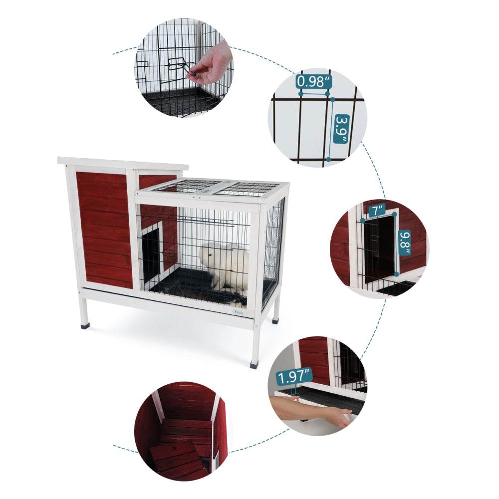 Two-Tier Wooden Indoor/Outdoor Rabbit Cage for Small Animals with Runway and Leak-Proof Plastic Tray,Red
