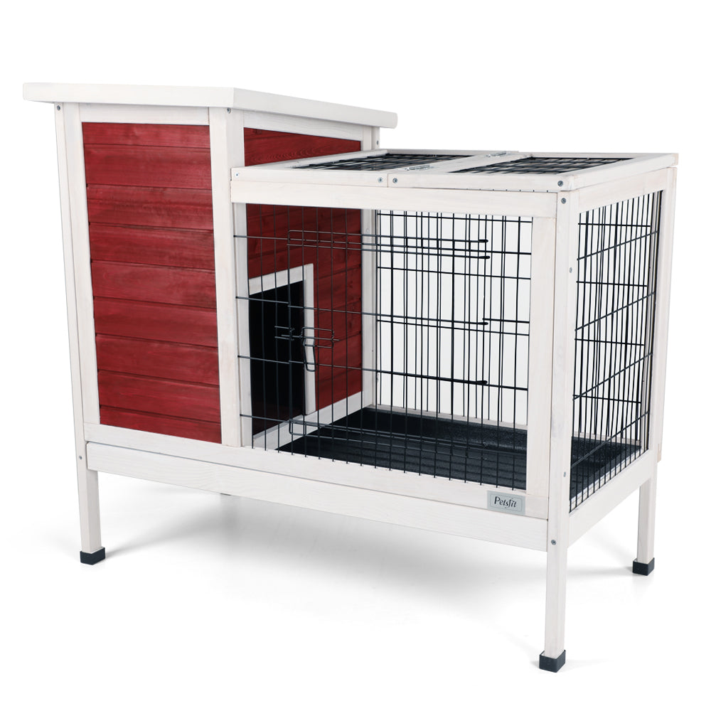 Two-Tier Wooden  Rabbit Cage Outdoor Indoor for Small Animals with Runway and Leak-Proof Plastic Tray,Grey