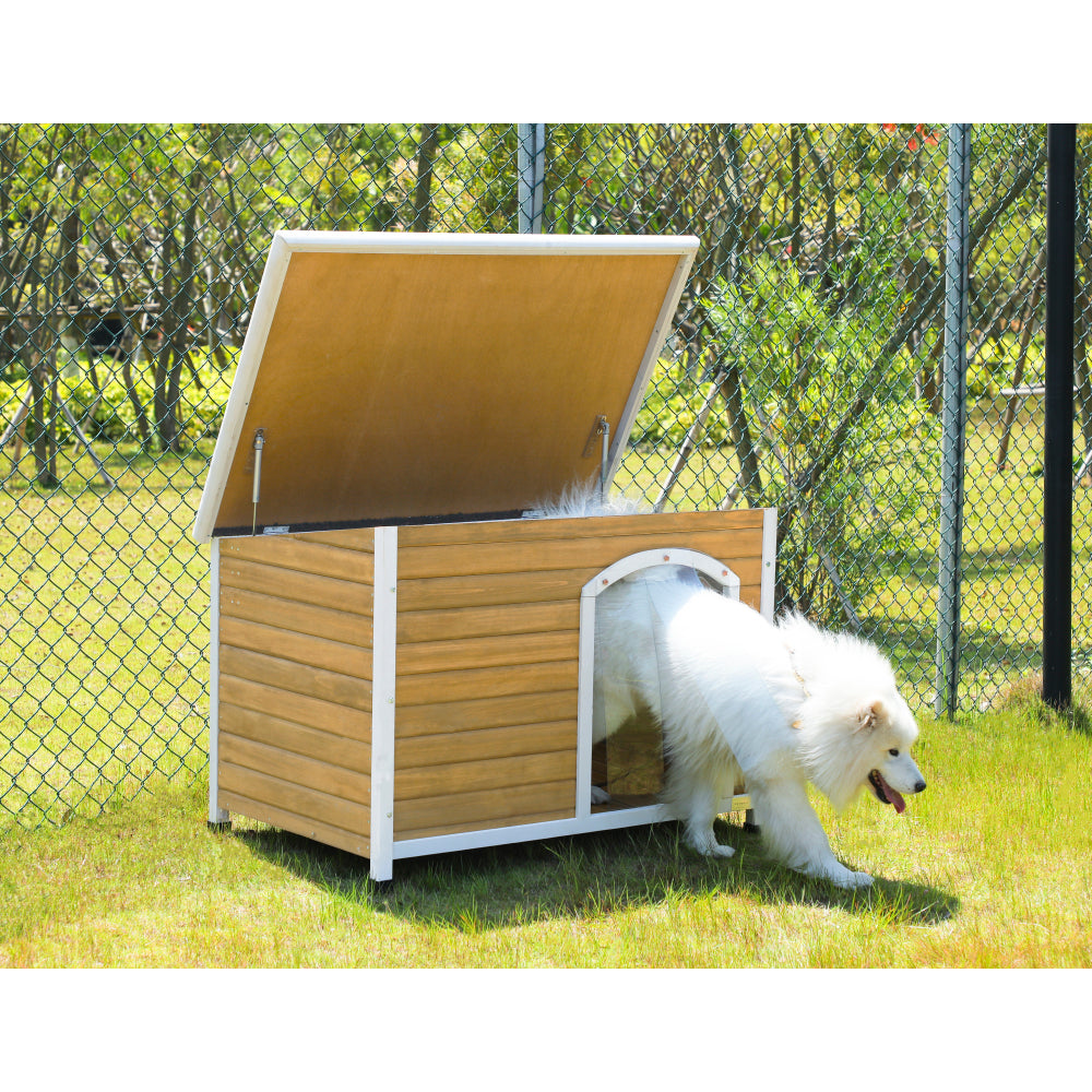 Large Wooden Outdoor Dog House, Waterproof Roof, Elevated Floor, Adjustable Plastic Feet, Yellow