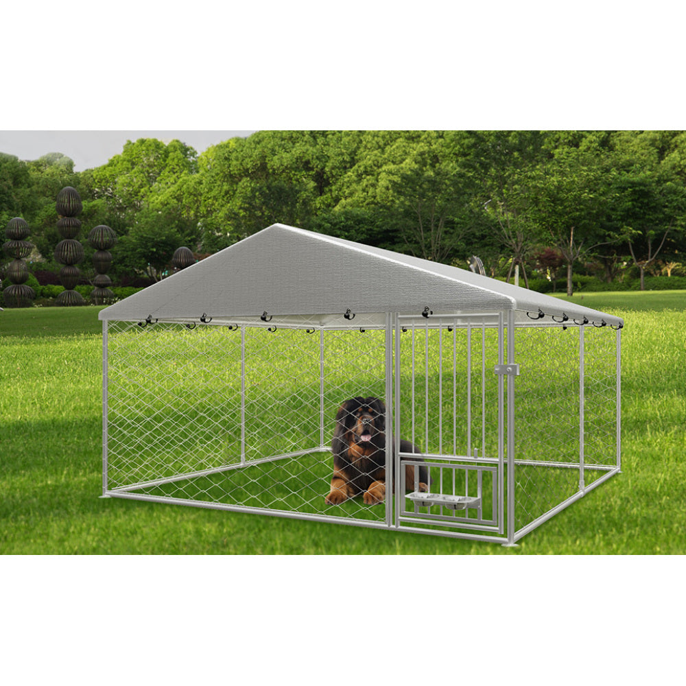 Large outdoor kennel, heavy duty outdoor fenced dog cage with swivel feeder, outdoor dog playpen with waterproof UV protection cover and safety lock,10' W x 10' D x 5' H.