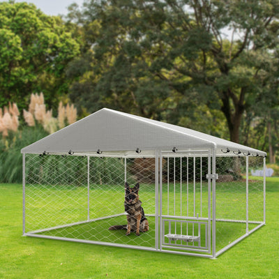 Large outdoor kennel, heavy duty outdoor fenced dog cage with swivel feeder, outdoor dog playpen with waterproof UV protection cover and safety lock,10' W x 10' D x 5' H.