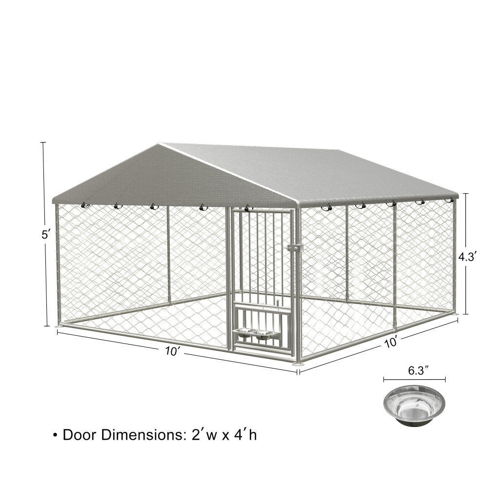 Large outdoor kennel, heavy duty outdoor fenced dog cage with swivel feeder, outdoor dog playpen with waterproof UV protection cover and safety lock,10' W x 10' D x 5' H.