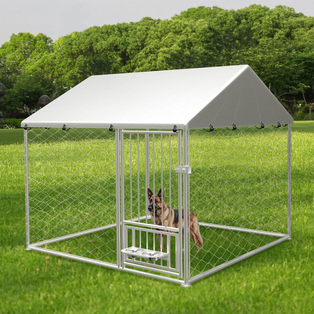Large outdoor kennel, heavy duty outdoor fenced dog cage with swivel feeder, outdoor dog playpen with waterproof UV protection cover and safety lock,10' W x 10' D x 5' H.