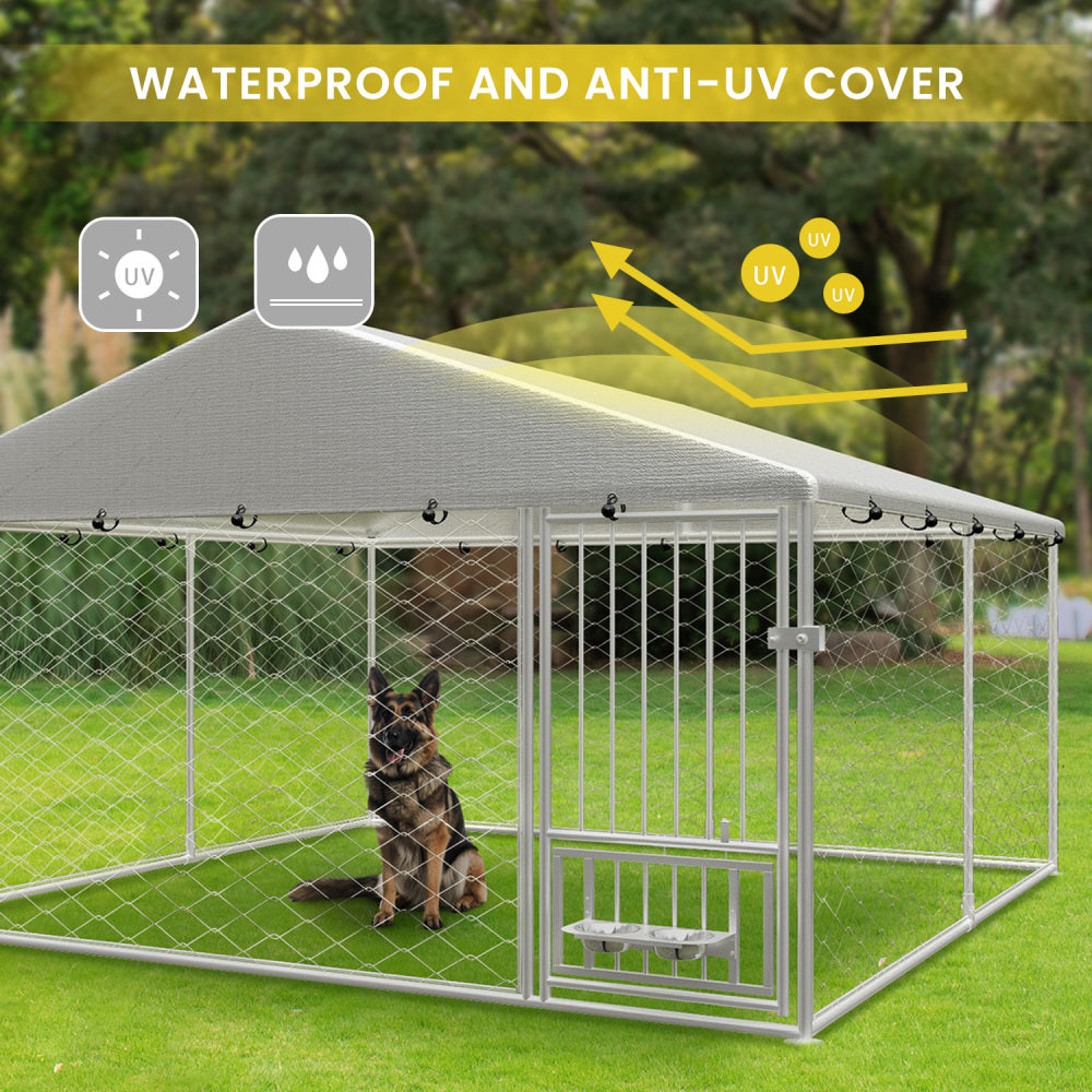 Large outdoor kennel, heavy duty outdoor fenced dog cage with swivel feeder, outdoor dog playpen with waterproof UV protection cover and safety lock,10' W x 10' D x 5' H.