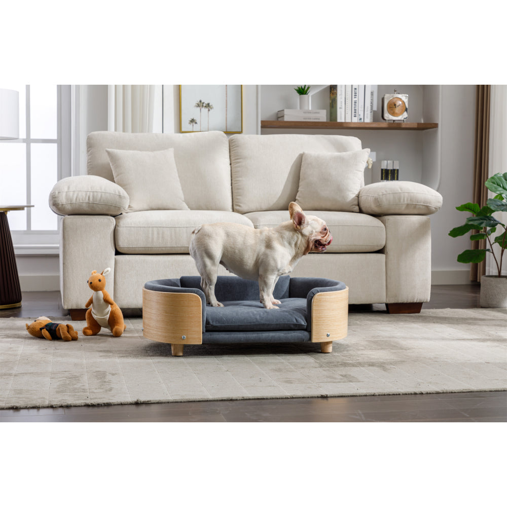 Scandinavian style Elevated Dog Bed Pet Sofa With Solid Wood legs and Bent Wood Back, Velvet Cushion,Mid Size,Dark Grey