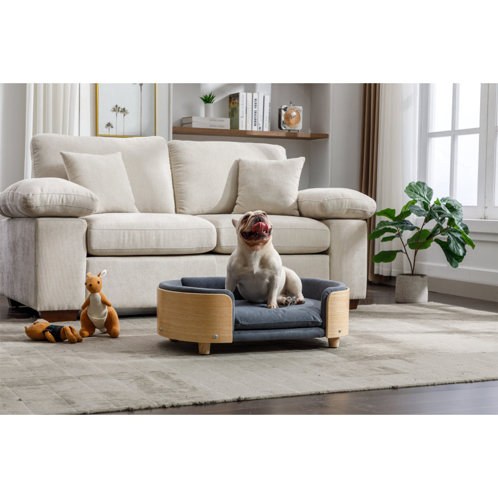 Scandinavian style Elevated Dog Bed Pet Sofa With Solid Wood legs and Bent Wood Back, Velvet Cushion,Mid Size,Dark Grey