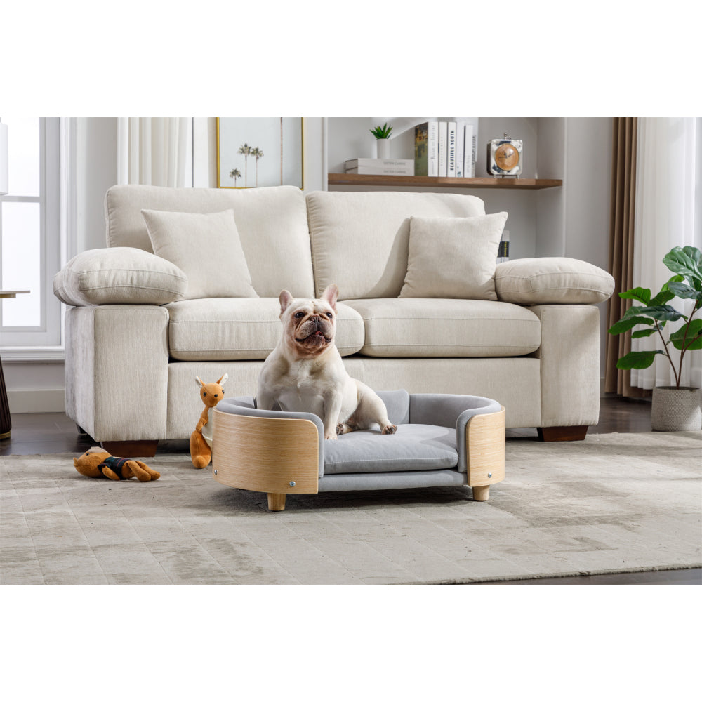 Scandinavian style Elevated Dog Bed Pet Sofa With Solid Wood legs and Bent Wood Back, Velvet Cushion,Mid Size Light Grey