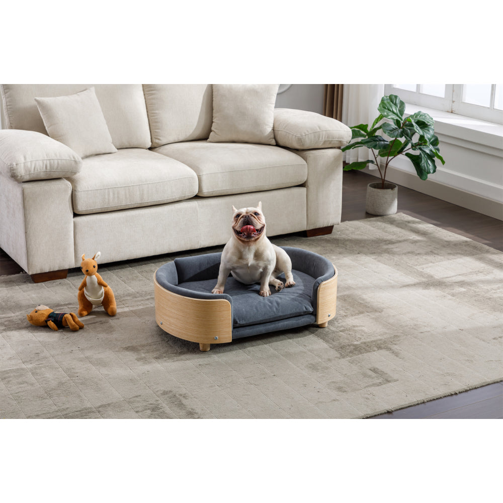 Scandinavian style Elevated Dog Bed Pet Sofa With Solid Wood legs and Bent Wood Back, Velvet Cushion,Mid Size,Dark Grey