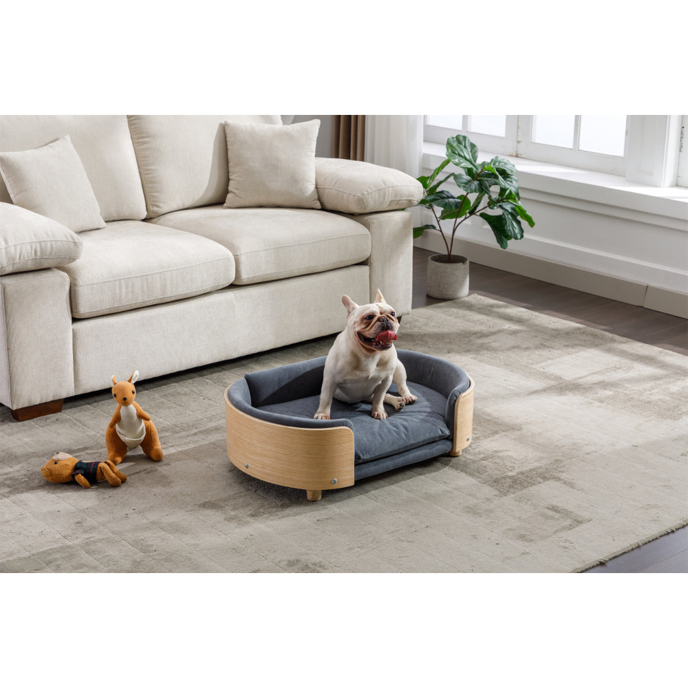 Scandinavian style Elevated Dog Bed Pet Sofa With Solid Wood legs and Bent Wood Back, Velvet Cushion,Mid Size,Dark Grey