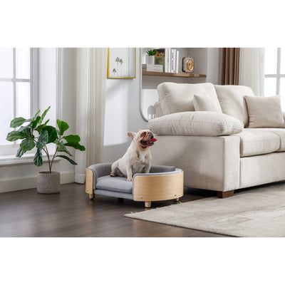 Scandinavian style Elevated Dog Bed Pet Sofa With Solid Wood legs and Bent Wood Back, Velvet Cushion,Mid Size Light Grey