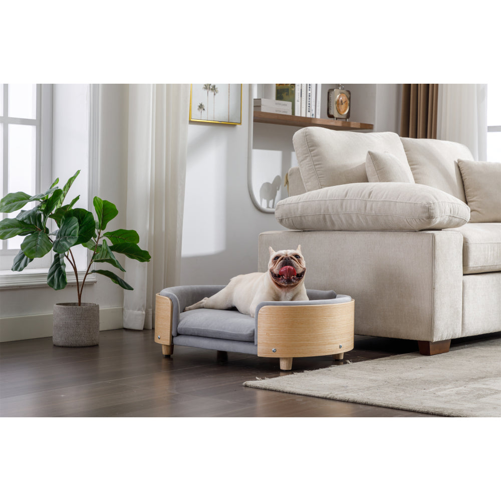 Scandinavian style Elevated Dog Bed Pet Sofa With Solid Wood legs and Bent Wood Back, Velvet Cushion,Mid Size Light Grey
