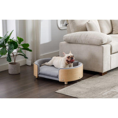 Scandinavian style Elevated Dog Bed Pet Sofa With Solid Wood legs and Bent Wood Back, Velvet Cushion,Mid Size Light Grey