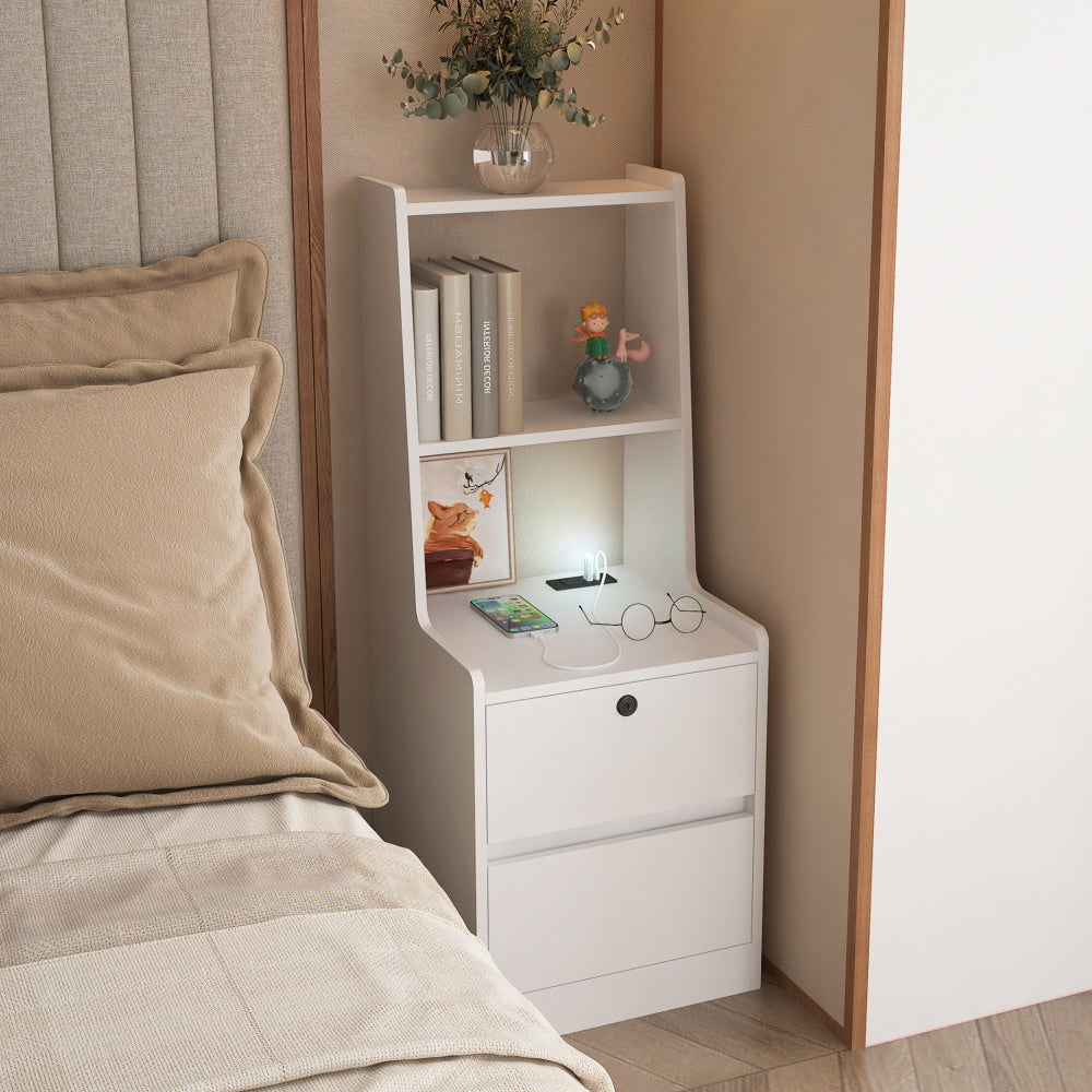SunJet Nightstand with Charging Station, Smart Nightstand with Night Light, Modern Night Stand with Bookshelf, Bedside Tables with Storage Cabinet for Bedroom, Wood
