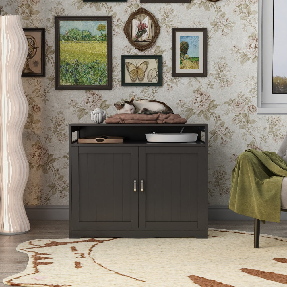 Litter Box Enclosure, Cat Litter Box Furniture with Hidden Plug, 2 Doors,Indoor Cat Washroom Storage Bench Side Table Cat House, Large Wooden Enclused Litter Box House, White