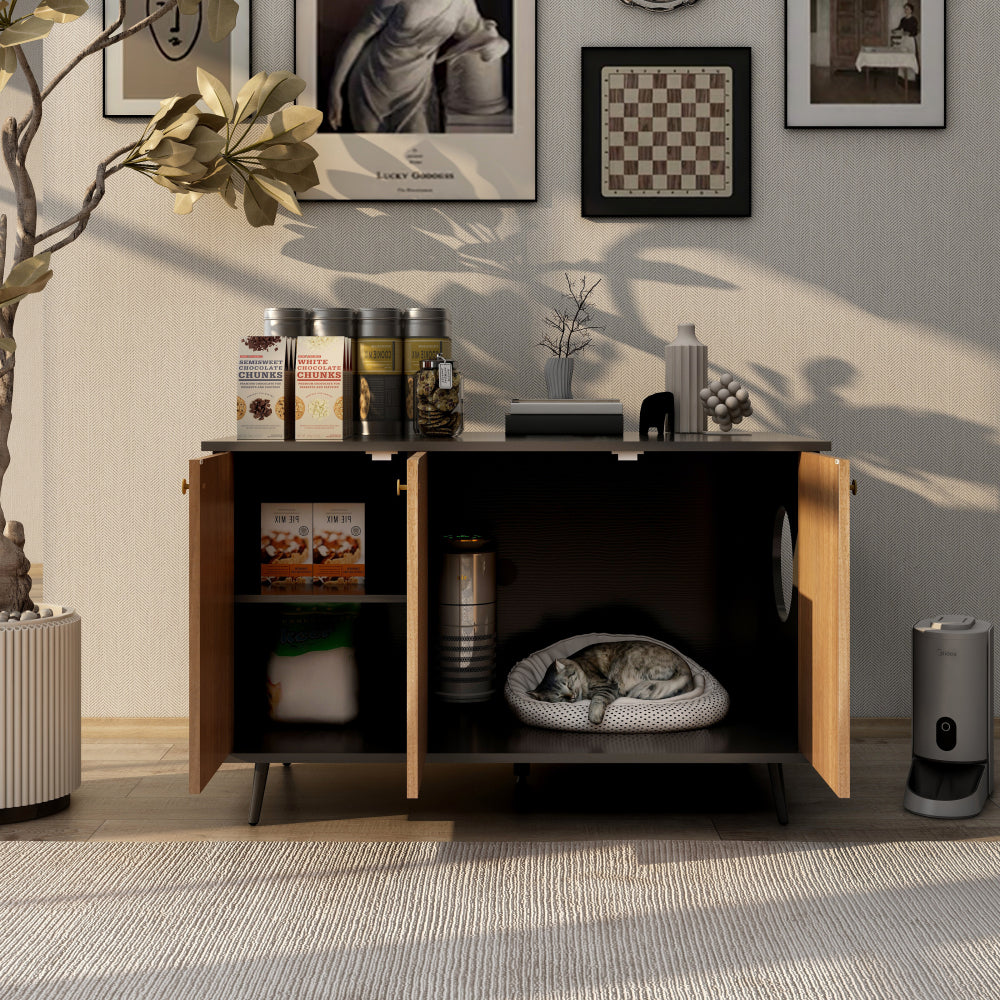 Litter Box Enclosure, Cat Litter Box Furniture with Hidden Plug, 3 Doors,Indoor Cat Washroom Storage Bench Side Table Cat House, Large Wooden Enclused Litter Box House, Black and Walnut