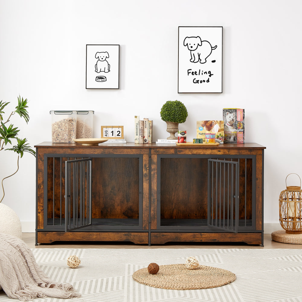 Super large dog crate furniture for two dogs with tray, TV stand. Rustic Brown, 75'' W x 26.4'' D x 32.3'' H.