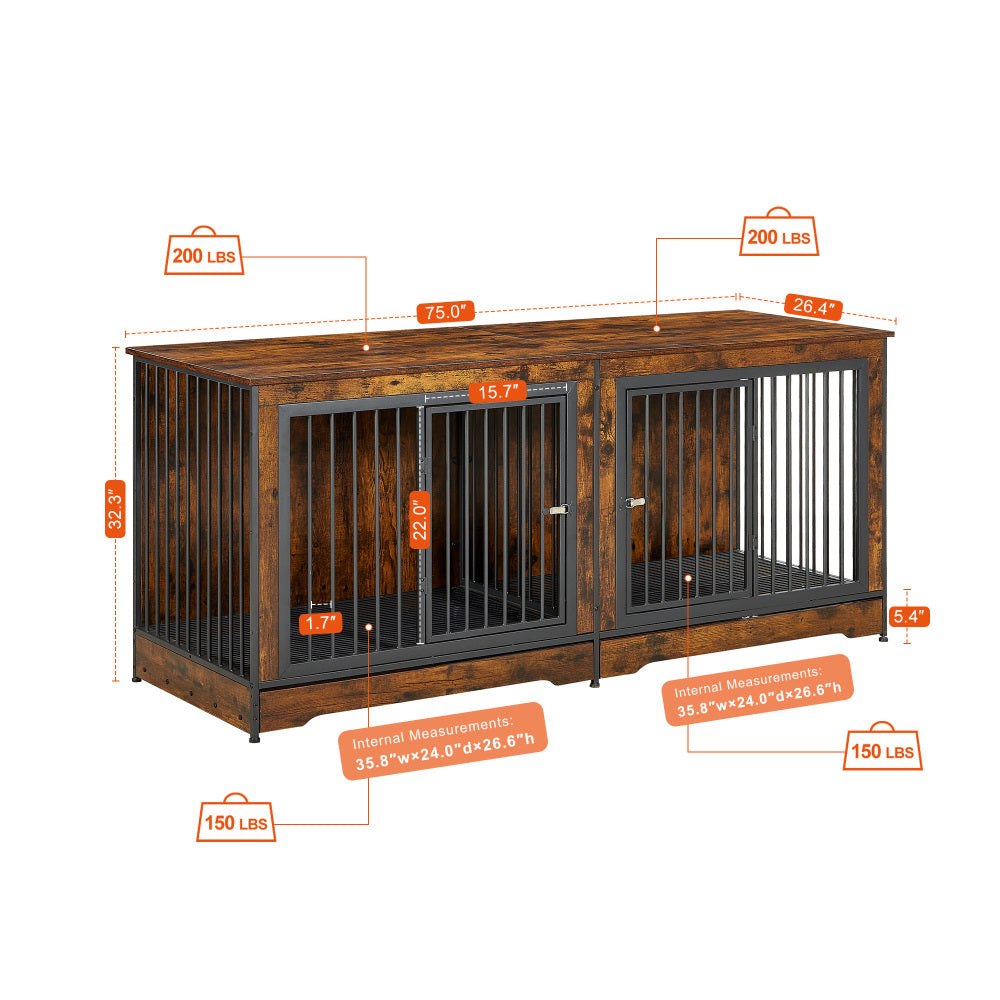 Super large dog crate furniture for two dogs with tray, TV stand. Rustic Brown, 75'' W x 26.4'' D x 32.3'' H.