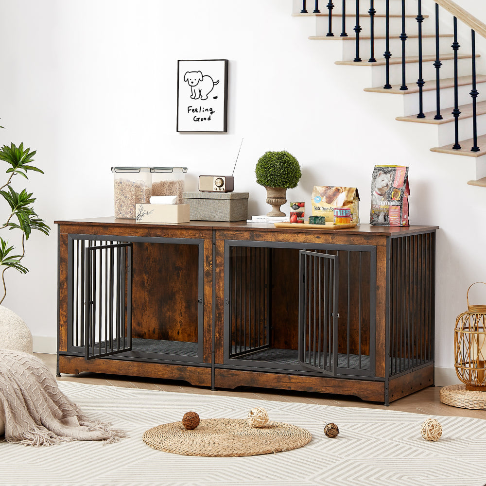 Super large dog crate furniture for two dogs with tray, TV stand. Rustic Brown, 75'' W x 26.4'' D x 32.3'' H.