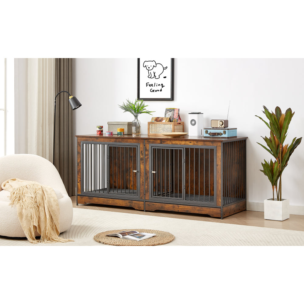 Super large dog crate furniture for two dogs with tray, TV stand. Rustic Brown, 75'' W x 26.4'' D x 32.3'' H.