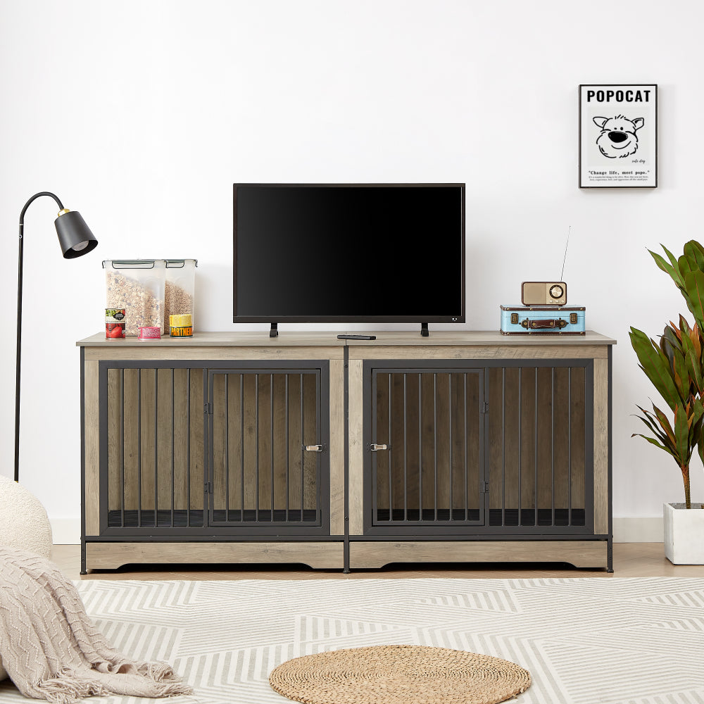 Super large dog crate furniture for two dogs with tray, TV stand. Rustic Brown, 75'' W x 26.4'' D x 32.3'' H.