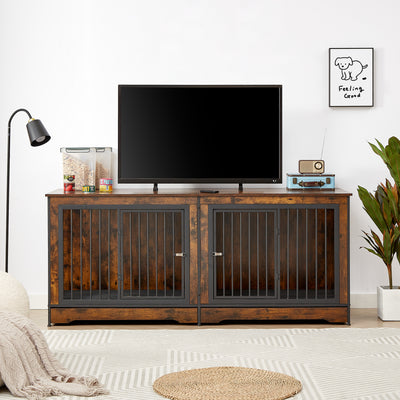 Super large dog crate furniture for two dogs with tray, TV stand. Rustic Brown, 75'' W x 26.4'' D x 32.3'' H.