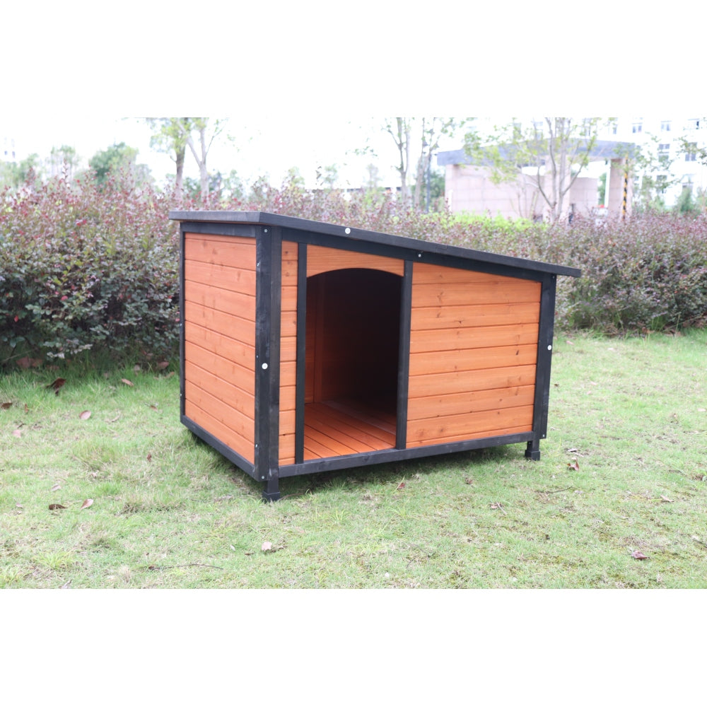 46"Dog House Outdoor & Indoor  Wooden Dog Kennel for Winter with Raised Feet Weatherproof for Large Dogs(Gold red and black)PVC waterproof roof(L)