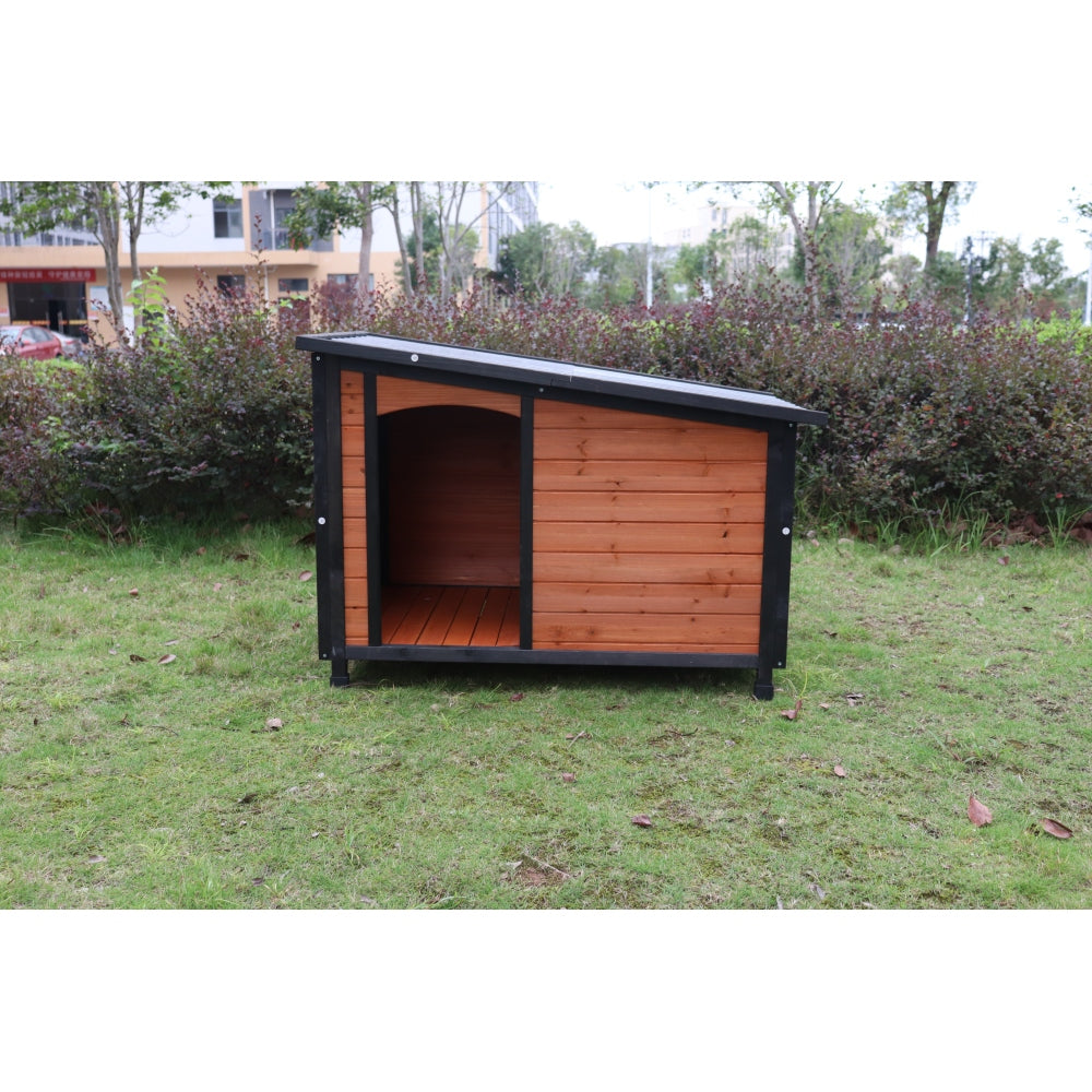 46"Dog House Outdoor & Indoor  Wooden Dog Kennel for Winter with Raised Feet Weatherproof for Large Dogs(Gold red and black)PVC waterproof roof(L)